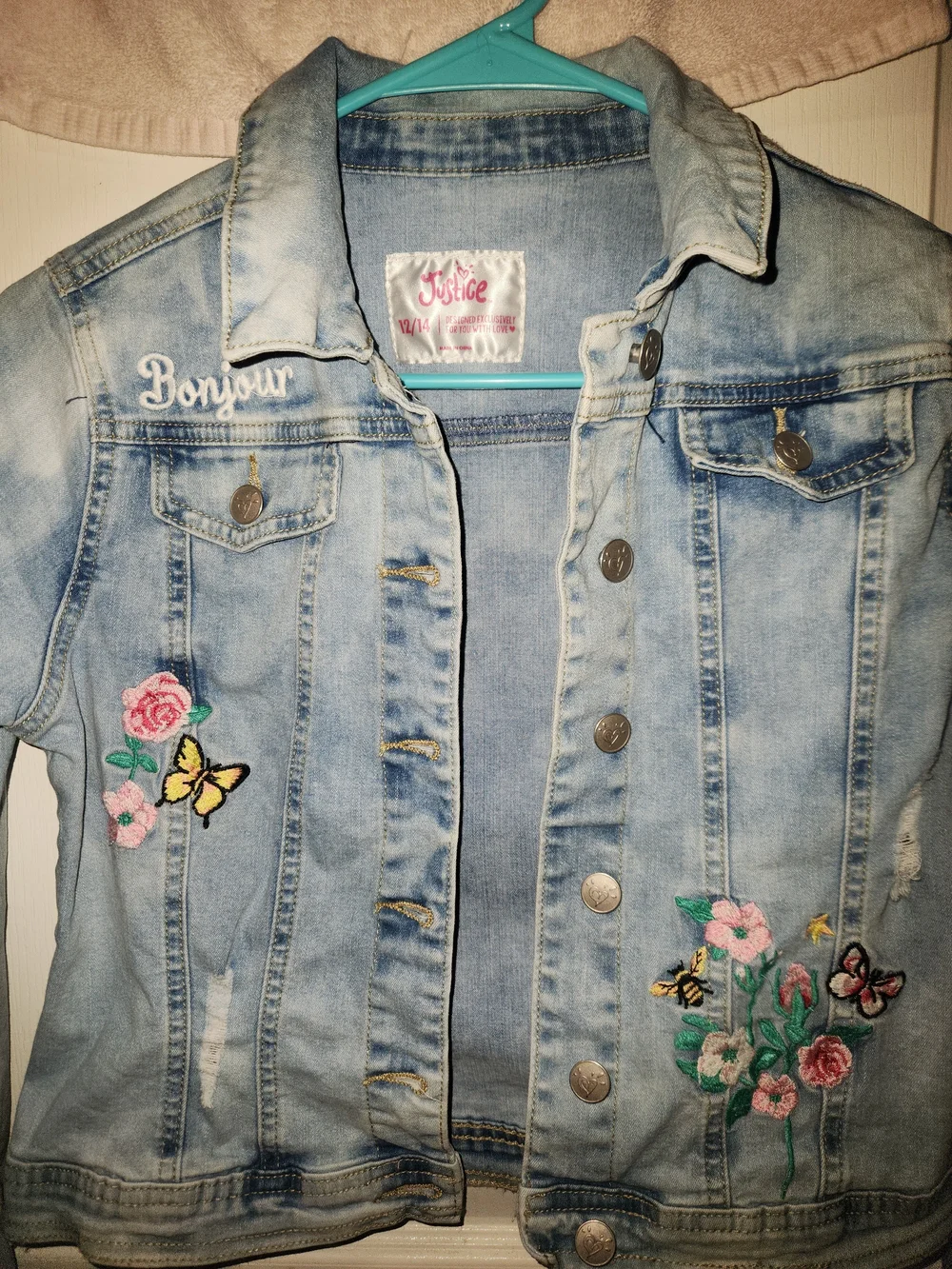 Justice Light Blue Embroidered Floral & Butterfly Denim Jacket